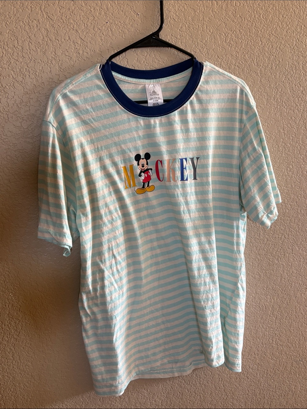 Disney Light Blue & White Striped Mickey Mouse Tee with Navy Collar